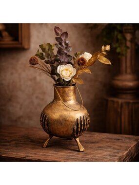 Witchy Skeleton Hands Gold Aged Iron Vase Altar Decor Gothic Pedestal Vessel